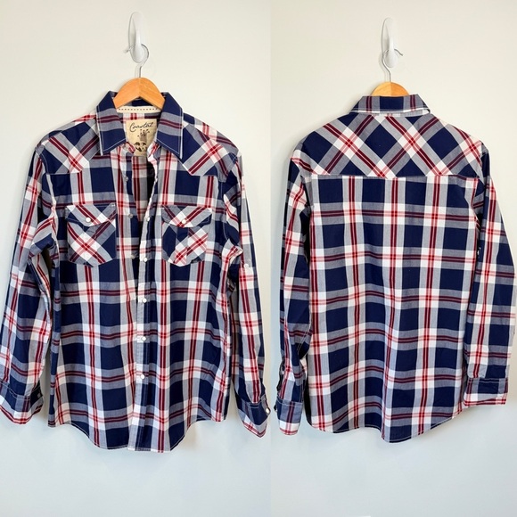 Coastal Blue White Red Plaid Men’s Snap Button Up (L) - Picture 1 of 8